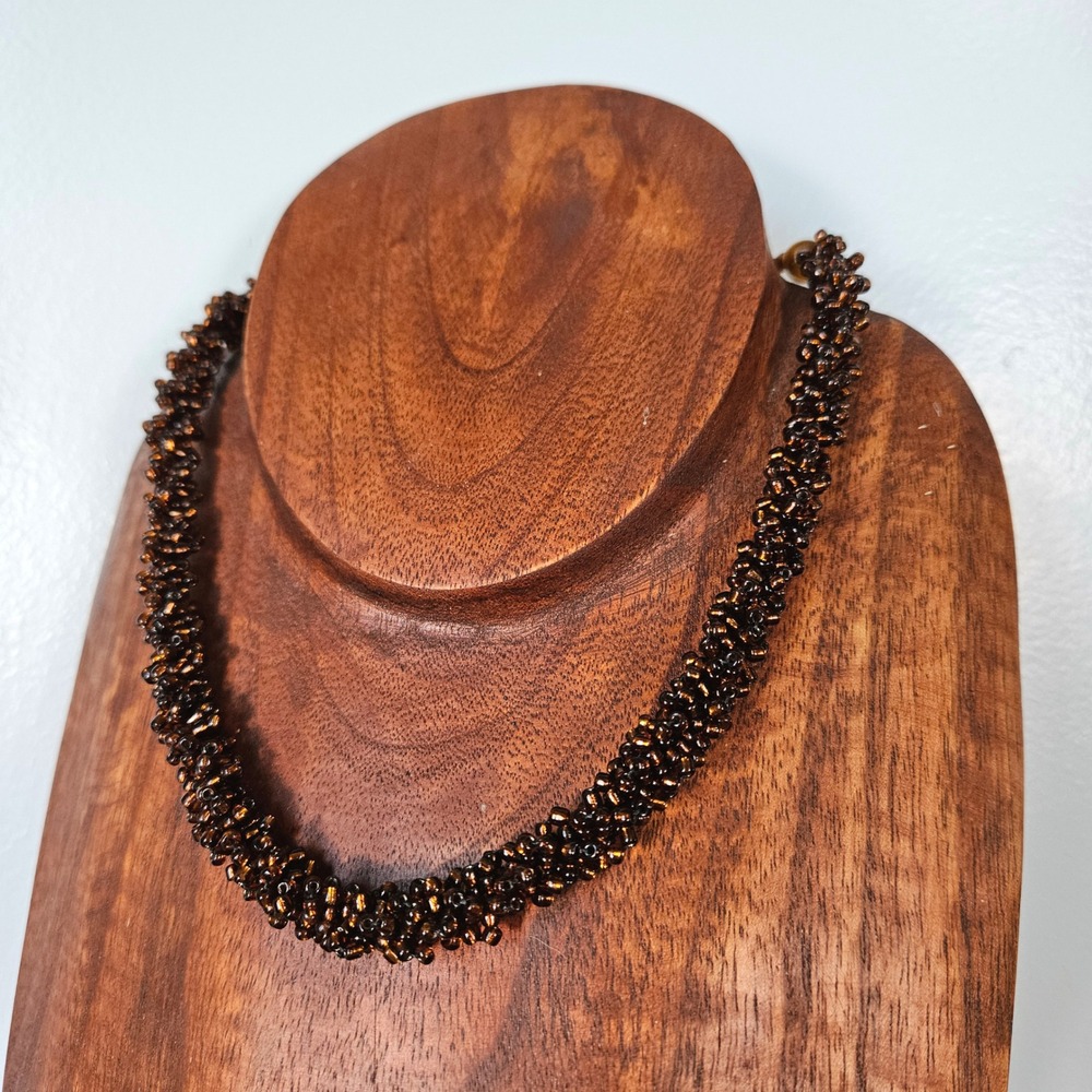 Handmade Brown Seed Bead Chunky‎ Twisted Statement Necklace S-Hook Clasp
